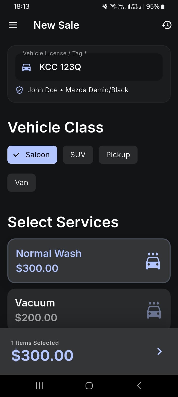 Carwash POS new sale workflow available for local offline use