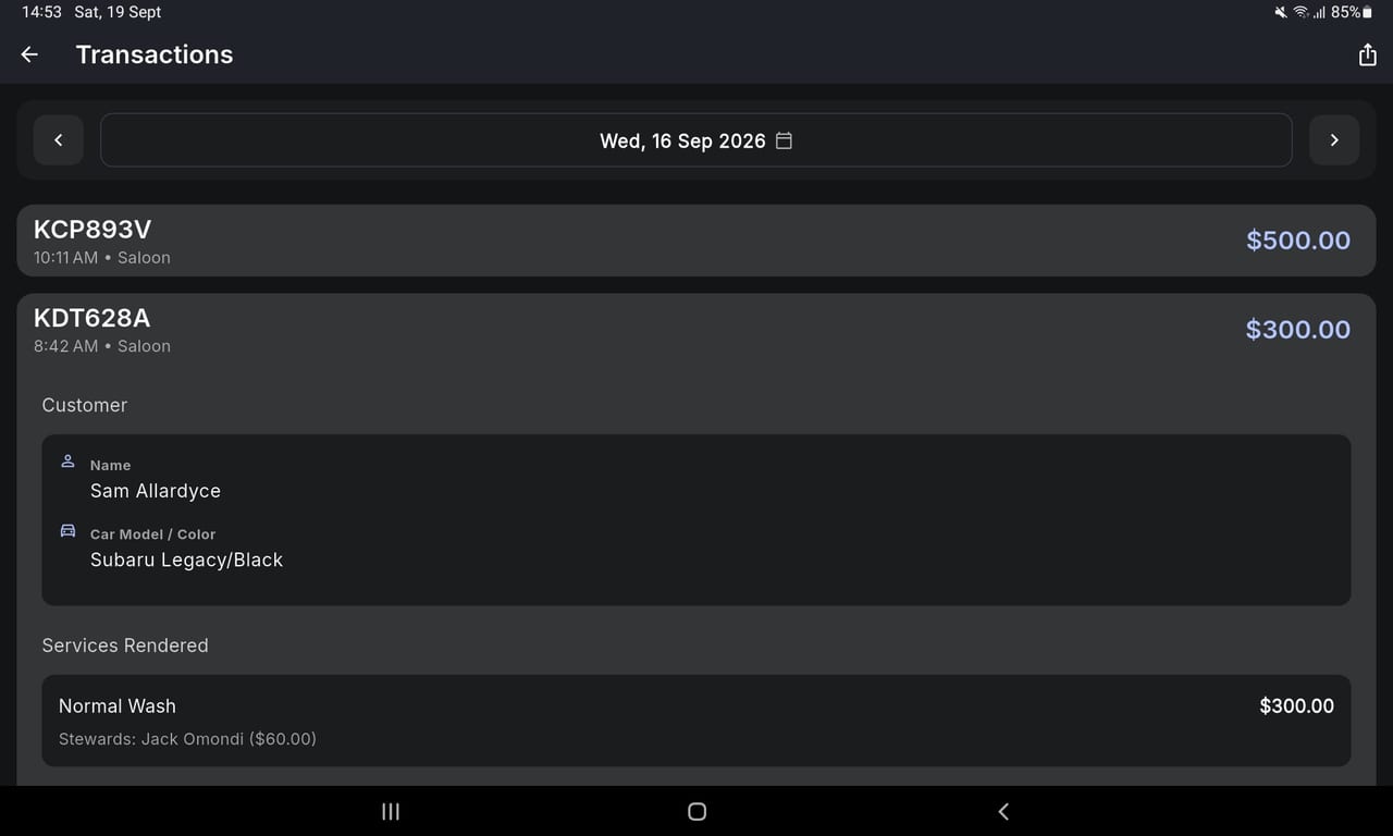 Transaction detail stored by Carwash POS including vehicle, service and steward information